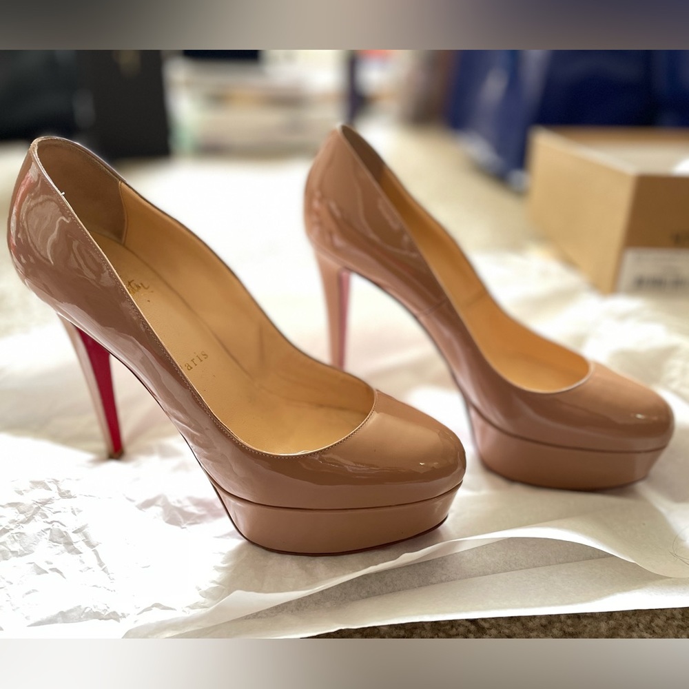 Nude patent leather heels